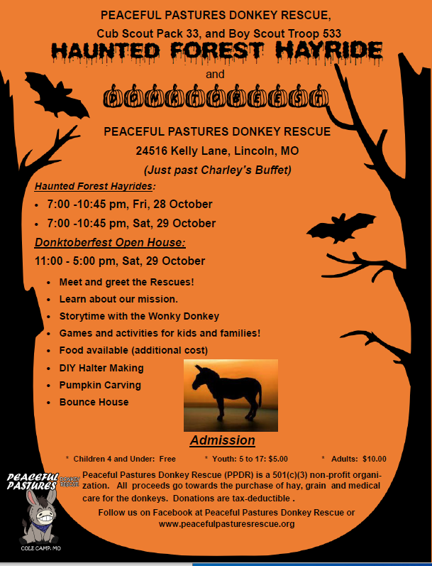 <h1 class="tribe-events-single-event-title">Peaceful Pastures Donkey Rescue Haunted Forest Hayride and Donktoberfest</h1>